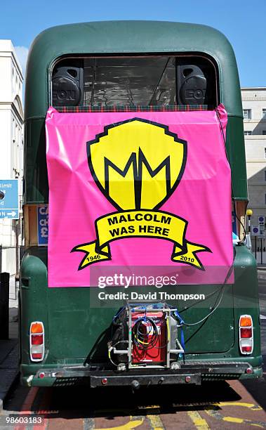 Bus decorated for the funeral of Malcolm McLaren waits to transport guests and form part of a public procession on April 22, 2010 in London, England.