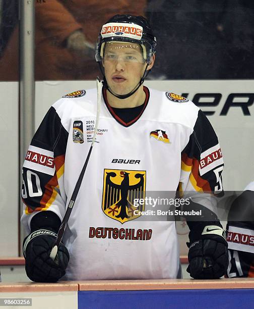 Patrick Hager of Germany attends the pre IIHF World Championship match between Germany and Norway at the Sahnpark on April 16, 2010 in Crimmitschau,...