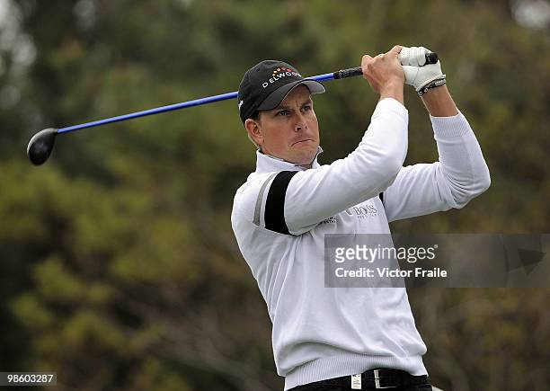 Henrik Stenson of Sweden tees off on the 15th hole during Round One of the Ballantine's Championship at Pinx Golf Club on April 22, 2010 in Jeju...