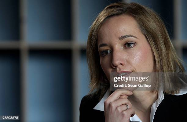 German Family Minister Kristina Schroeder chats with teachers during a visit to the Spreekita child day care center on April 22, 2010 in Berlin,...