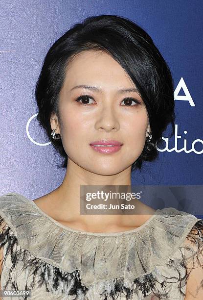 Actress Zhang Ziyi attends a press conference for the Omega Constellation Art Exhibition at Nicolas G. Hayek Center on April 22, 2010 in Tokyo, Japan.