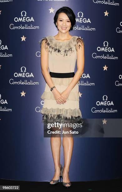 Actress Zhang Ziyi attends a press conference for the Omega Constellation Art Exhibition at Nicolas G. Hayek Center on April 22, 2010 in Tokyo, Japan.