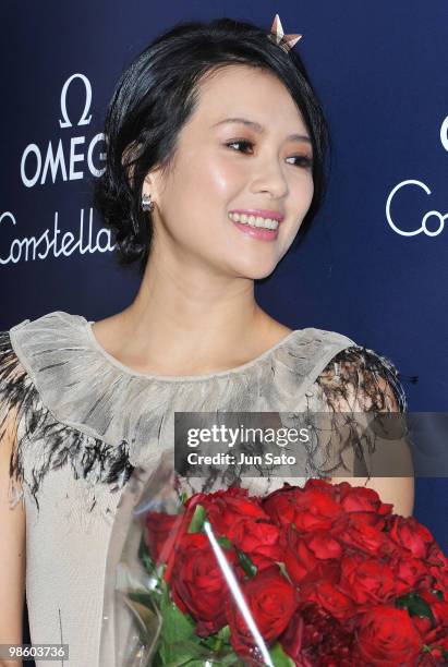 Actress Zhang Ziyi attends a press conference for the Omega Constellation Art Exhibition at Nicolas G. Hayek Center on April 22, 2010 in Tokyo, Japan.