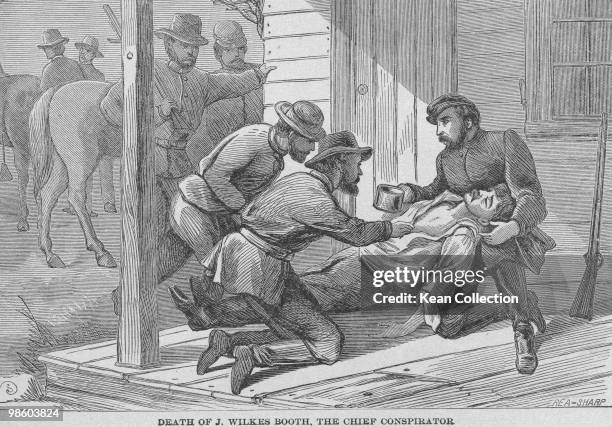 An engraved illustration entitled 'Death of J. Wilkes Booth, the chief conspirator'. The engraving depicts the death of American stage actor and...