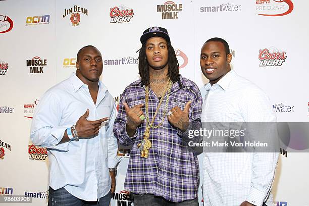 49er's Takeo Spikes, Rapper Wonka Flocka, and Jets' Tony Richardson attend ESPN the Magazine's 7th Annual Pre-Draft Party at Espace on April 21, 2010...