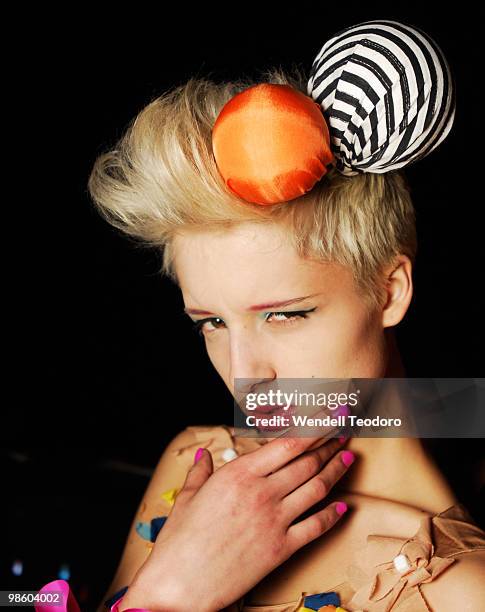Model prepares backstage ahead of the Mad Cortes show on the fifth day of Rosemount Australian Fashion Week Spring/Summer 2008/09 Collections at the...