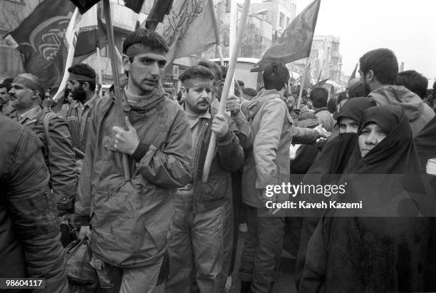 Relatives of young Basiji men heading for the war front with Iraq, bid them farewel, 12th February 1988.