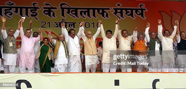 President Nitin Gadkari along with senior leaders Lal Krishan Advani, Sushma Swaraj, Arun Jaitley, Ananth Kumar, Venkaiah Naidu, Rajnath Singh and...