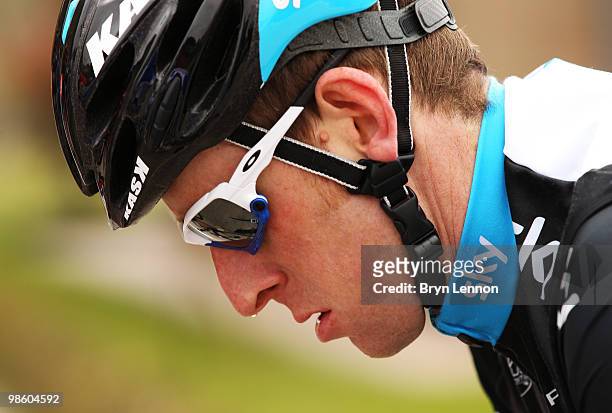 Bradley Wiggins of Great Britain and Team SKY rides in the peloton during the 74th Fleche Wallonne Race on April 21, 2010 in Huy, Belgium.
