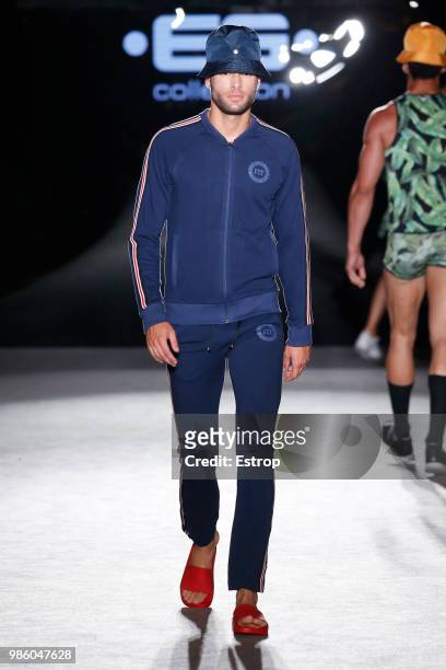 Model walks the runway at the ES Collection show during the Barcelona 080 Fashion Week on June 26, 2018 in Barcelona, Spain.