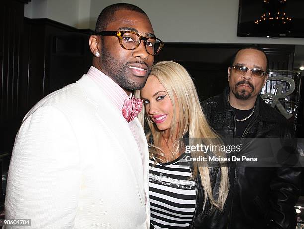 Darrelle Revis of the New York Jets, Nicole"Coco" Austin and Ice-T attends the NFL Draft grand opening celebration at Rafaello & Co Jewelers on April...