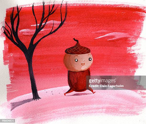 little acorn takes a walk - bare tree stock illustrations
