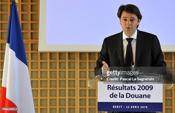 France's Budget Minister Francois Baroin announces Customs results for 2009 at Ministere des Finances on April 22, 2010 in Paris, France.