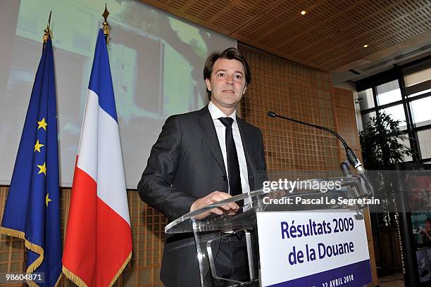 France's Budget Minister Francois Baroin announces Customs results for 2009 at Ministere des Finances on April 22, 2010 in Paris, France.