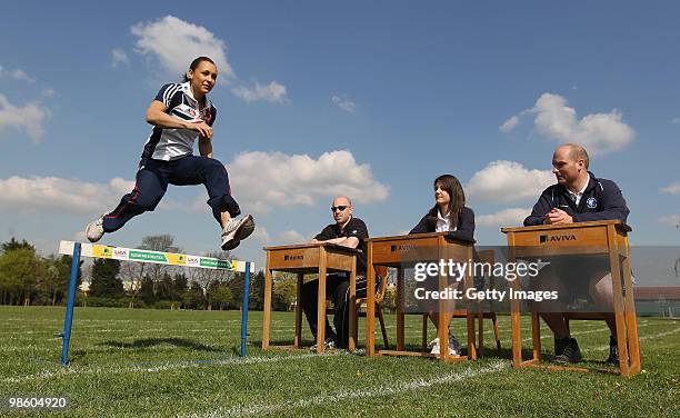 Jessica Ennis hurdles during the the Aviva Elevating Athletics Fund Launch at Gumley House School on April 22, 2010 in Isleworth, Middlesex. The...