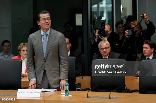 German Defense Minister Karl-Theodor zu Guttenberg arrives at a hearing of the Bundestag commission investigating the oil tanker bombing at Kunduz in...