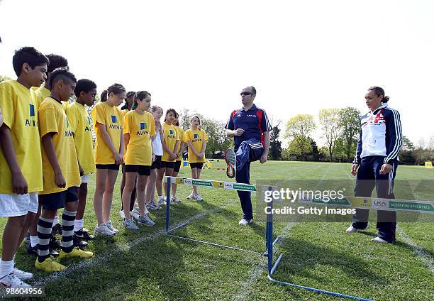 Jessica Ennis looks on as young athletes receive training during the the Aviva Elevating Athletics Fund Launch at Gumley House School on April 22,...