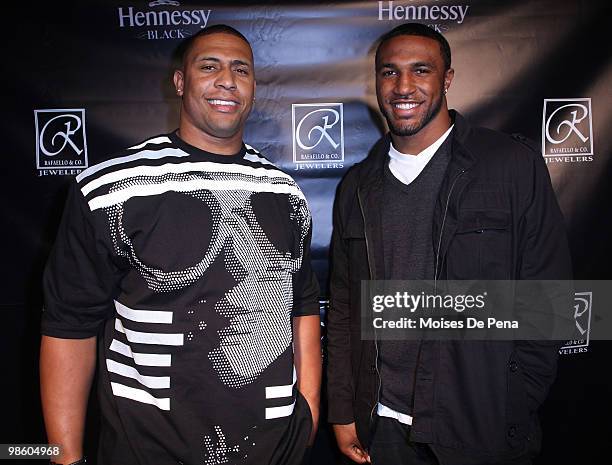 Lamarr Woodley andNFL prospect Ryan Mundy attends the NFL Draft grand opening celebration at Rafaello & Co Jewelers on April 21, 2010 in New York...