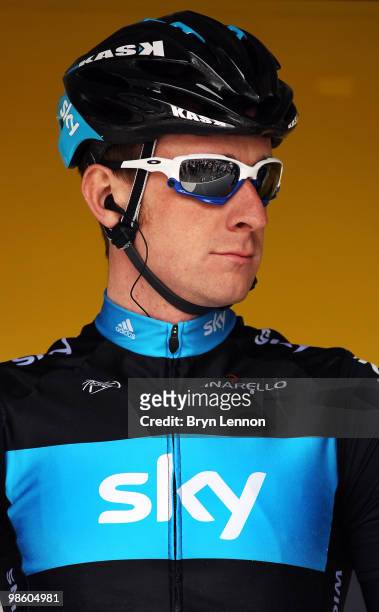 Bradley Wiggins of Great Britain and Team SKY arrives for the start of the 74th Fleche Wallonne Race on April 21, 2010 in Huy, Belgium.