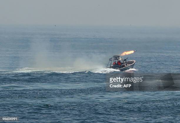 Iran's elite Revolutionary Guard boats attack a naval vessel during a three-day military drill in the Gulf on April 22, 2010. Iran's elite...
