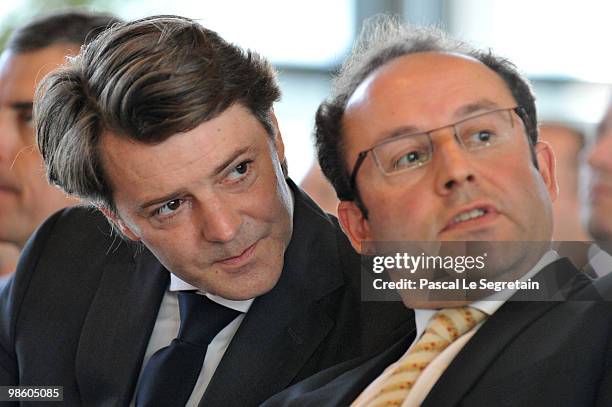 France's minister of budget, Francois Baroin and Managing Director of Customs and indirect rights within the Ministry for the Budget, Jerome Fournel...