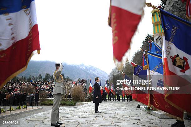 French President Nicolas Sarkozy attends a ceremony to pay tribute to World War II resistance fighters on April 8, 2010 at the Necropole de Morette,...