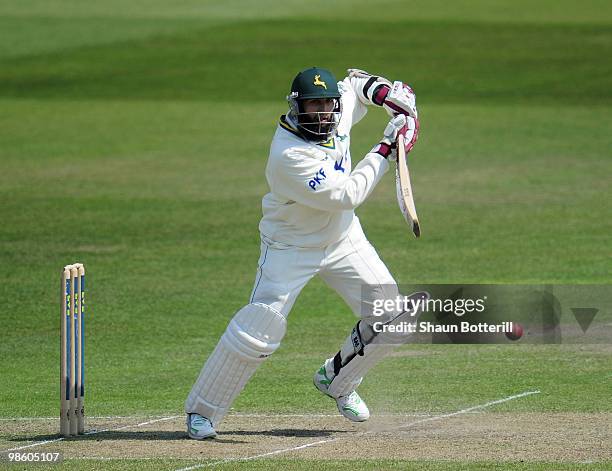 Hashim Amla of Nottinghamshire plays a shot during the LV County Championship match between Nottinghamshire and Somerset at Trent Bridge on April 22,...