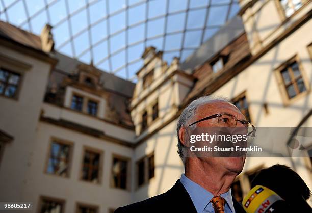 Franz Beckenbauer, chairman of the FIFA U20 and U17 Women's World Cup Committee speaks to the media after the FIFA U20 Women's World Cup draw on...