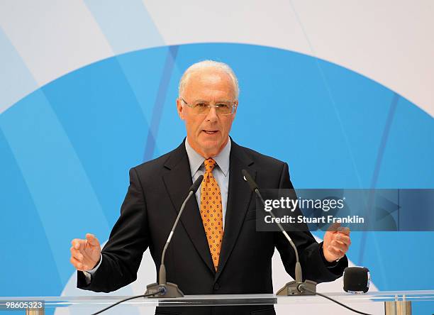 Franz Beckenbauer, chairman of the FIFA U20 and U17 Women's World Cup Committee speaks during the FIFA U20 Women's World Cup draw on April 22, 2010...