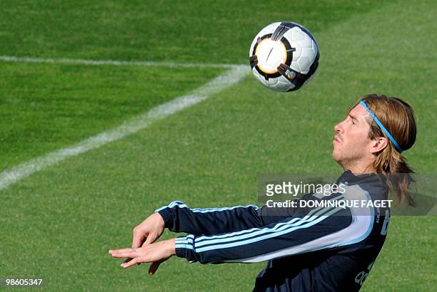 Real Madrid football club's defender Sergio Ramos trains in Madrid on April 2, 2010. Barcelona and Real Madrid, who are locked at the top of La Liga,...