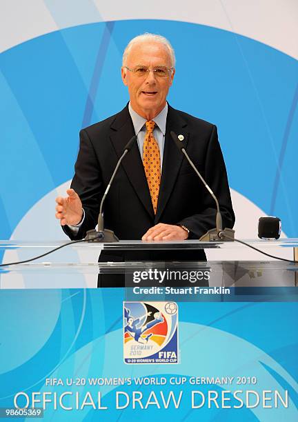 Franz Beckenbauer, chairman of the FIFA U20 and U17 Women's World Cup Committee speaks during the FIFA U20 Women's World Cup draw on April 22, 2010...