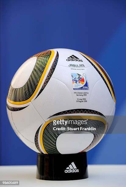 The official match Jabulani ball is pictured at the FIFA U20 Women's World Cup draw on April 22, 2010 in Dresden, Germany.
