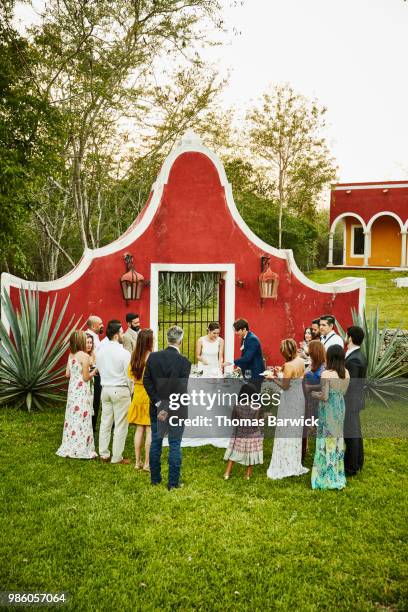 wedding party watching bride and groom cut cake during outdoor wedding reception - societetsskönhet bildbanksfoton och bilder