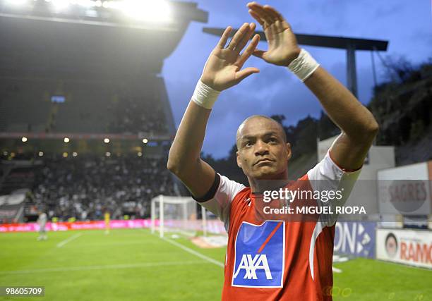 Braga´s forward from Cameroon Albert Meyong celebrates a goal against Vitoria SC during their Portuguese league football match at the AXA Stadium in...