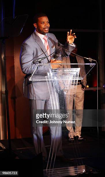 Player Kerry Rhodes speaks at The Garden of Good & Evil Gala at Chelsea Piers on April 21, 2010 in New York City.