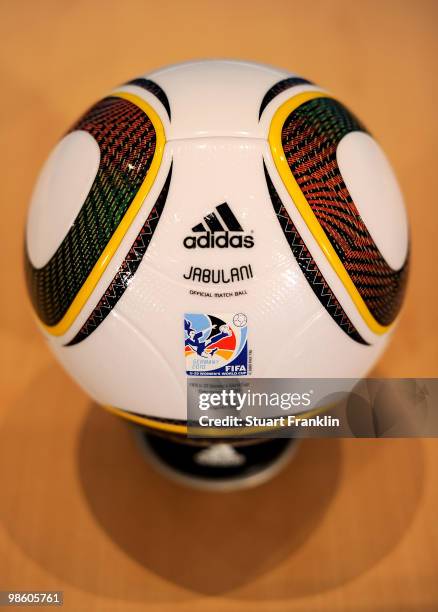 The official match Jabulani ball is pictured at the FIFA U20 Women's World Cup draw on April 22, 2010 in Dresden, Germany.
