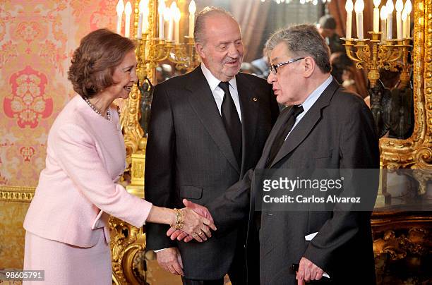 King Juan Carlos I of Spain and Queen Sofia of Spain receive Mexican writer Jose Emilio Pacheco ahead of the Cervantes Awards at the Royal Palace on...