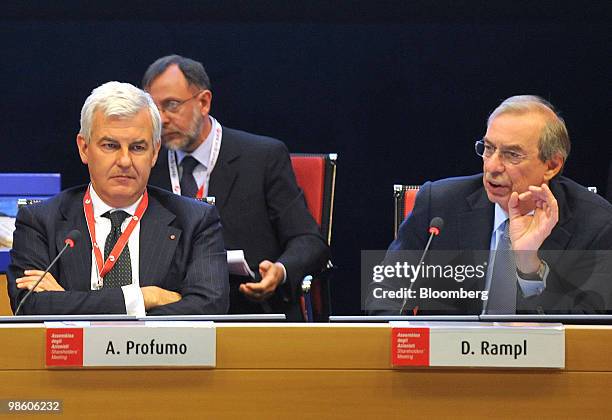 Dieter Rampl, chairman of UniCredit SpA, right, speaks as Alessandro Profumo, the bank's chief executive officer, listens at the bank's annual...