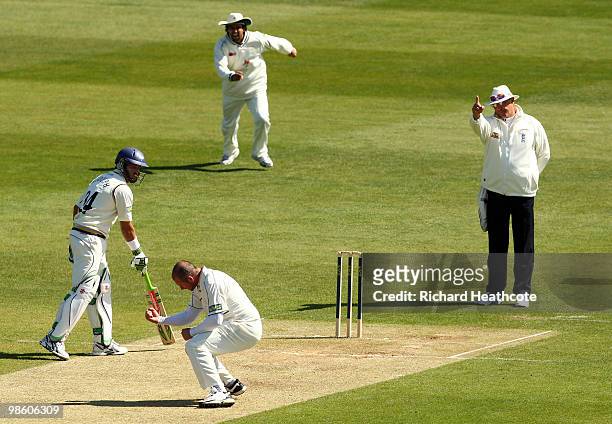 Darren Stevens of Kent celebrates taking the wicket of Anthony McGrath of Yorkshire during day two of the LV= County Championship division one match...
