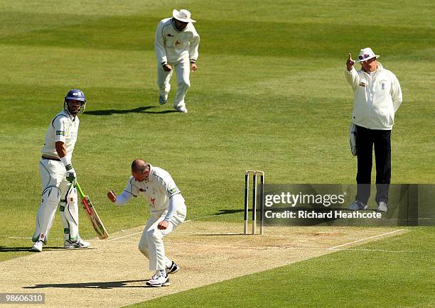 Darren Stevens of Kent celebrates taking the wicket of Anthony McGrath of Yorkshire during day two of the LV= County Championship division one match...