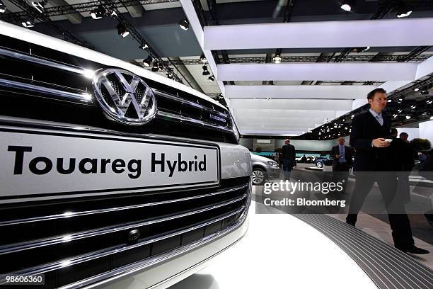 Volkswagen AG Touareg automobile is seen on display at the company's annual shareholders' meeting in Hamburg, Germany, on Thursday, April 22, 2010....