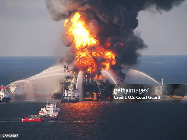 Fire boats battle a fire at the off shore oil rig Deepwater Horizon April 21, 2010 in the Gulf of Mexico off the coast of Louisiana. Multiple Coast...