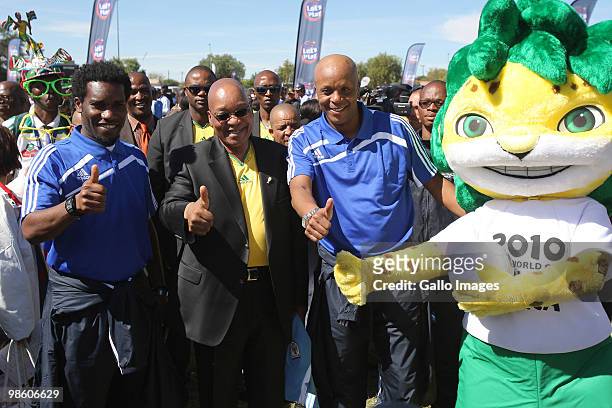 Jay-Jay Okocha, South African President Jacob Zuma and Doctor Khumalo take part in celebrations marking the 50 Day Countdown to the start of the FIFA...