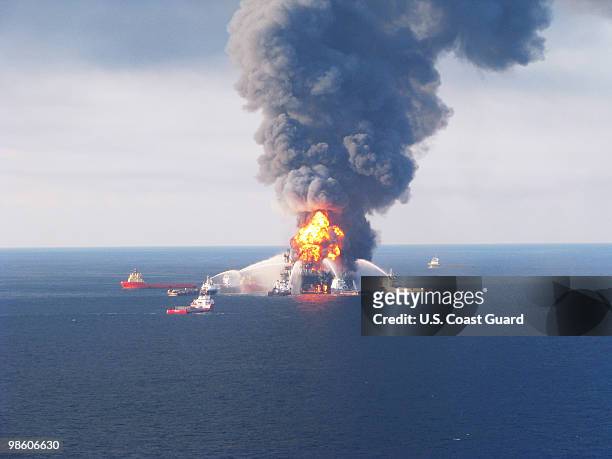 Fire boats battle a fire at the off shore oil rig Deepwater Horizon April 21, 2010 in the Gulf of Mexico off the coast of Louisiana. Multiple Coast...
