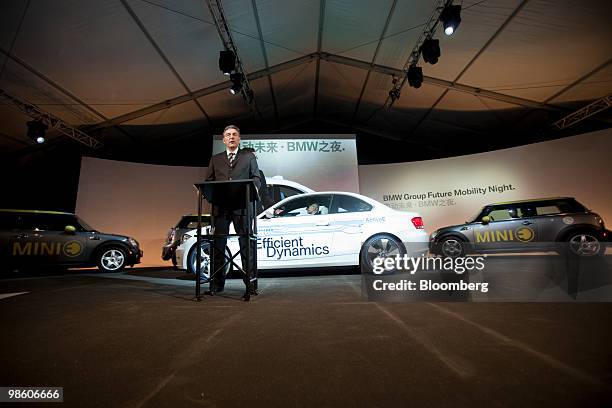 Norbert Reithofer, chief executive officer of Bayerischen Motoren Werke AG, speaks at an event prior to the Beijing Auto Show in Beijing, China, on...