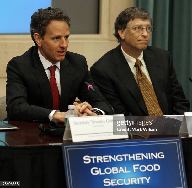 Treasury Secretary Timothy Geithner and Bill Gates , co-chairman of the Bill and Melinda Gates Foundation participate in an event at the Treasury...