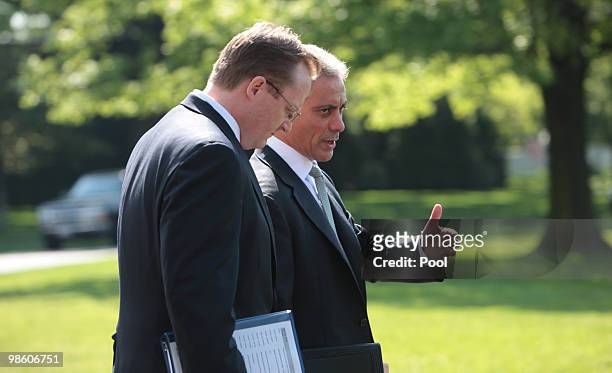 White House Press Secretary Robert Gibbs and Chief of Staff Rahm Emanuel walk to Marine One on the South Lawn of the White House April 22, 2010 in...