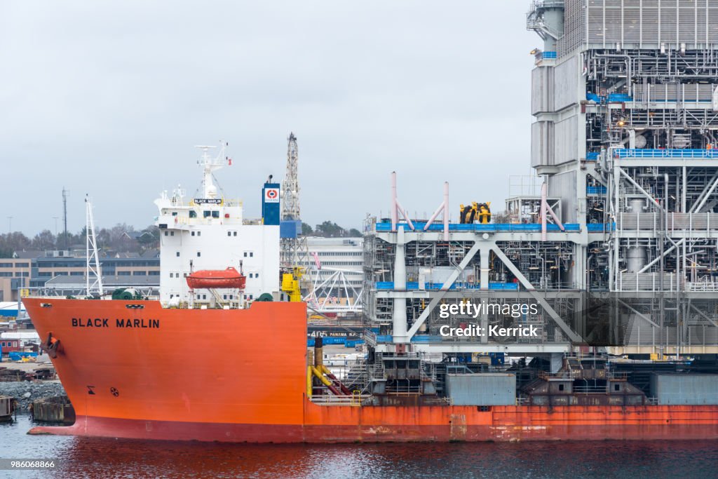Heavy Load Carrier ship Black Marlin carrying the oil platform topsides in Stavanger Norway