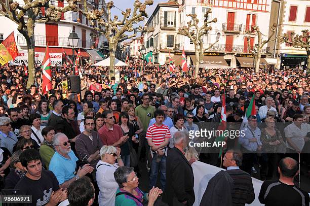 People demonstrate with members of the Jon Anza Committee, a member of the armed Basque separatist group ETA who disappeared nearly a year ago, on...