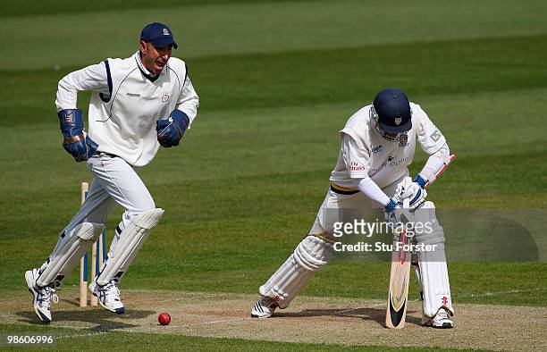 Durham batsman Kyle Coetzer looks on dejectedly as Hampshire wicketkeeper Nic Pothas celebrates his wicket during day two of the LV County...